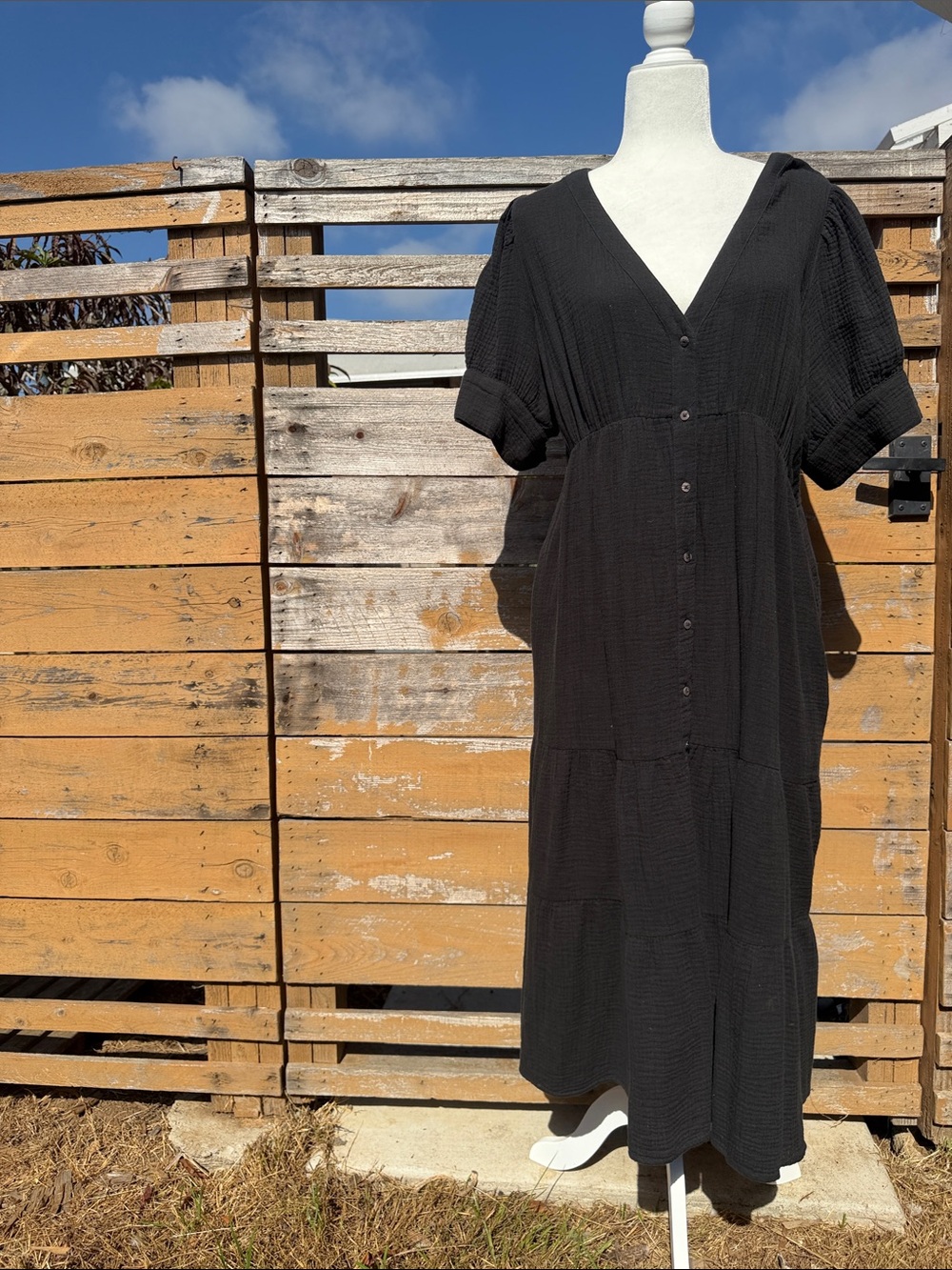 Madewell Black V‑Neck Button‑Front Midi Dress